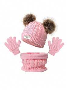 3pcs/Set Kids Warm Knitted Beanie Hat, Scarf And Gloves Set, Fashionable And Cold-Proof, Autumn/Winter - Double Ball 1947 - View 16