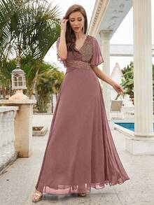 女式 V 领露背荷叶边袖交叉褶饰亮片拼接雪纺派对连衣裙 - 紅木色 - 查看 4