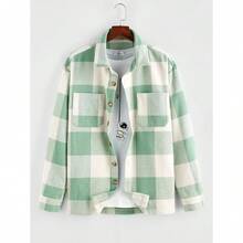 Men's Plaids Long Sleeve Button Down Lightweight Flannel Shacket Wool Blend Casual Shirt With Pockets, Vintage-Inspired Style - 格子-淺綠 - 查看 2