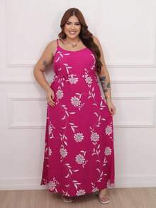 Women's Plus Size Printed Long Dress - 玫紅色 - 查看 2