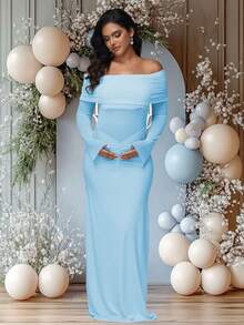 JustVH Maternity Contrast Mesh Off-Shoulder Dress Ruched Mermaid Hem For Baby Shower Elegant Stretch Maxi Outfit Photoshoot