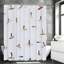 Vintage Surfing Print Waterproof Shower Curtain, With 12 Hooks, Suitable For Bathroom, Polyester Woven, Machine Washable, Decorative Art Style, Applicable For Bathroom And Window, Bathroom Curtain | Decorative Shower Curtain | Polyester Fabric, Bathroom Shower Curtain Set, Bathroom Decor - Multicolor - View 3