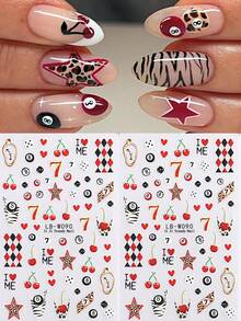 2张Y2K台球美甲贴纸，3D卡通樱桃豹星台球扑克牌美甲图案可爱美甲装饰自粘美甲贴花美甲沙龙DIY美甲用品 - 彩色 - 查看 8