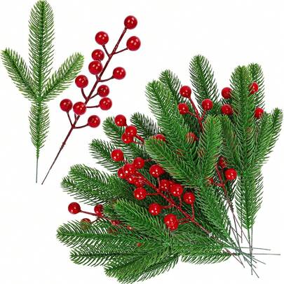 10Pcs Christmas Artificial Three-Forked Pine Needles Artificial Red Berry Stems Christmas Short Pine Needles Combination Pack Suitable For DIY Flower Arrangement Decor, Desktop Vase Decor, Party, Home Decor,DIY Garland Wreath Christmas Embellishing And Home Garden Decoration