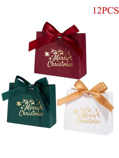 2/12 件带丝带的礼品盒 - 节日红绿“Merry”设计糖果、巧克力和小礼物 - 节日装饰、派对礼品和圣诞袜，以及节日装饰品