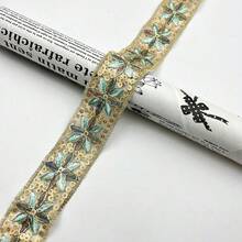 10 Meter lebendige bestickte Organza-Spitze - Chinesischer Stil, transparentes goldenes Blumenmuster mit Pailletten und Quasten, geeignet für DIY-Basteleien, Accessoires, Bekleidungsbesätze, Damen-Wäsche (Pink/Rot/Blau/Türkis), bestickter Spitzenbesatz