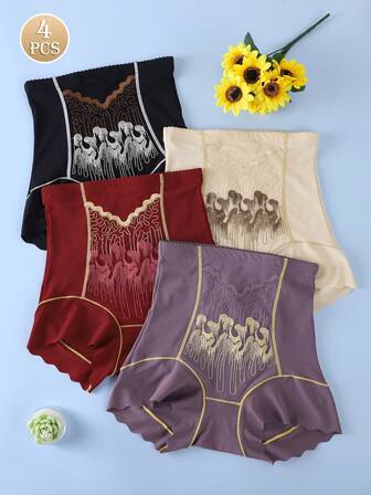 4pcs Luxury Embroidered High Waist Shaping Seamless Slimming Panties For Women