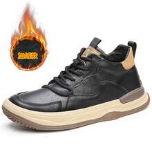 High-Top Men's Shoes Cowhide Versatile Brown Retro Genuine Leather Fleece-Lined Casual Sneakers Men's Cotton Shoes - 9010年黑色春秋款 - 查看 11