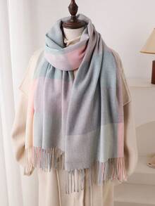 1 件秋冬女士优雅复古多色格子条纹提花仿羊绒围巾/披肩，带流苏，男女通用冬季保暖休闲厚款围巾 - 彩色 - 查看 1