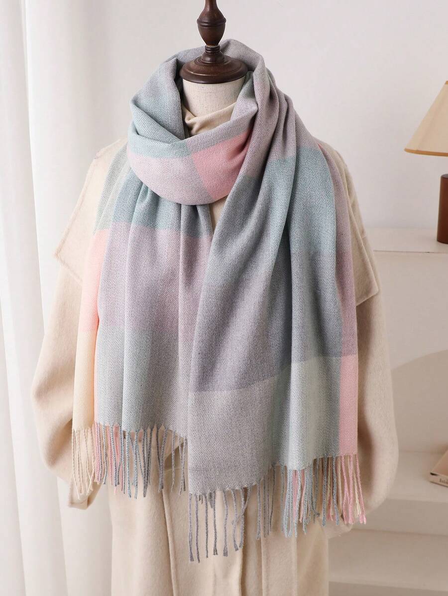 1 件秋冬女士优雅复古多色格子条纹提花仿羊绒围巾/披肩，带流苏，男女通用冬季保暖休闲厚款围巾 - 彩色 - 查看 1