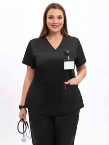 cimmuovere 大码女式V领短袖双口袋纯色手术服护士服工作服牙医保健宠物医院实验室上衣 - 黑色 - 查看 4