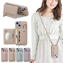 Notebook Style One Shoulder Fashion Smartphone Protective Case, Shoulder Strap, Ring Holder, Notebook Style Mirror, Women, Lightweight, PU Leather Smartphone Protective Case With Stand Function, Horizontal Stand Function, Wallet, Ring Holder, Adjustable Length, Zipper, Lightweight, Shock-Resistant