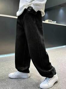 Tween Boy Fashionable Casual Washed Cartoon Embroidered Denim Jeans - Black - View 5