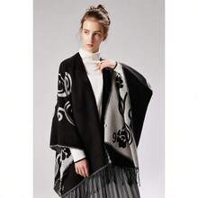 Women's Warm Shawl Wrap Cape Winter Cardigan Sweaters Open Front Poncho - A23-黑色 - 查看 3