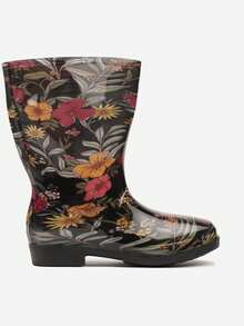 Floral Rain Boots Women's Casual Spring/Fall - Black - View 3