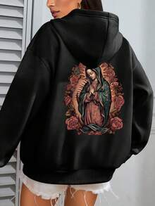 休闲圣母玛利亚印花羊毛连帽衫，抽绳连帽口袋时尚宽松秋冬羊毛运动衫，长袖上衣