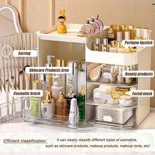 Multifunctional Cosmetic Storage Box, Semi-Open Large Capacity, With Drawers And Mirror, Suitable For Cosmetics And Skincare Essentials, Perfect For Bathroom Vanity, Office Desk And Dressing Table