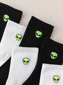 6 Pares de Meias Minimalistas Preto e Branco com Design de Alienígena, Adequadas para Esportes e Uso Casual em Todas as Estações