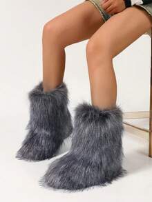 Women's Faux Fur Boot Furry Fluffy Round Toe Suede Winter Comfy Plush Warm Short Outdoor Indoor Flat Shoes Mid-Calf Boots Fashion Boots - 灰色 - 查看 2