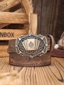 1pc Unisex Bohemian Western Cowboy Style Metal Buckle Vintage Brown PU Embossed Belt, Suitable For Casual Daily Wear (Hole Puncher Included) - Hollow Poker - View 16