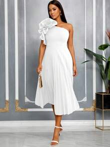 AOMEI White Elegant Pleated One-Shoulder Dress, Floral Pleated Party Dress, Sleeveless A-Line Evening Gown, Birthday Dress For Women - White - View 5