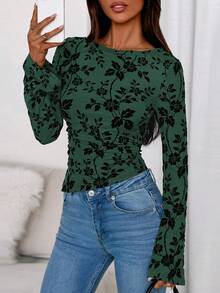 Women's Spring Fall Long Sleeve Floral Mesh Tops Blouse Boat Neck Ruched Fitted Shirt Going Out Date Outfits New Years Valentine's Day Vacation Fall Clothes For Women - 深綠色 - 查看 3