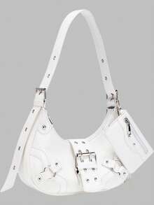 DareSee 女士哥特朋克风两件套新月包和白色搭扣摩托车包，百搭时尚配饰，适合音乐节、派对、工作和旅行，摇滚风女包，Tready新月包，适合音乐节、Y2KFest、返校季、秋冬季节等场合，是音乐节的理想礼物。 - 白色 - 查看 2