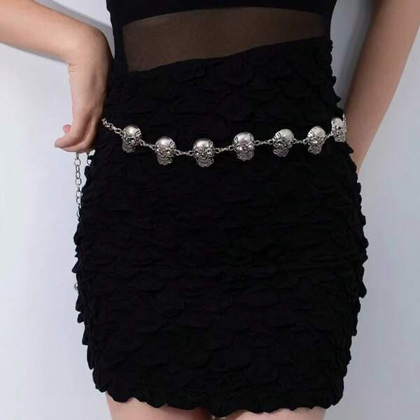 Cadena de cintura ajustable con cabeza de calavera de metal, cinturón de cintura versátil para vestido, traje, suéter, estilo gótico