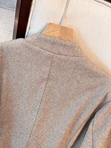 Plus Size Women Herringbone Pattern Woolen Fabric Stand Collar Single-Breasted Long Sleeve Mid-Length Blazer Jacket, Suitable For Commuting, Daily Wear, Dates, Airport In Autumn/Winter - Brown - View 11