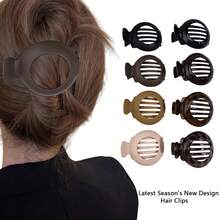 4pcs Matte & Glossy Leopard Print & Solid Color Round Hair Clips Set, Women Daily & Occasion Bun, Half-Up Hairstyle Essential Hair Accessories, Fitting Head Shape Design, Minimalist Retro Niche Hair Clips