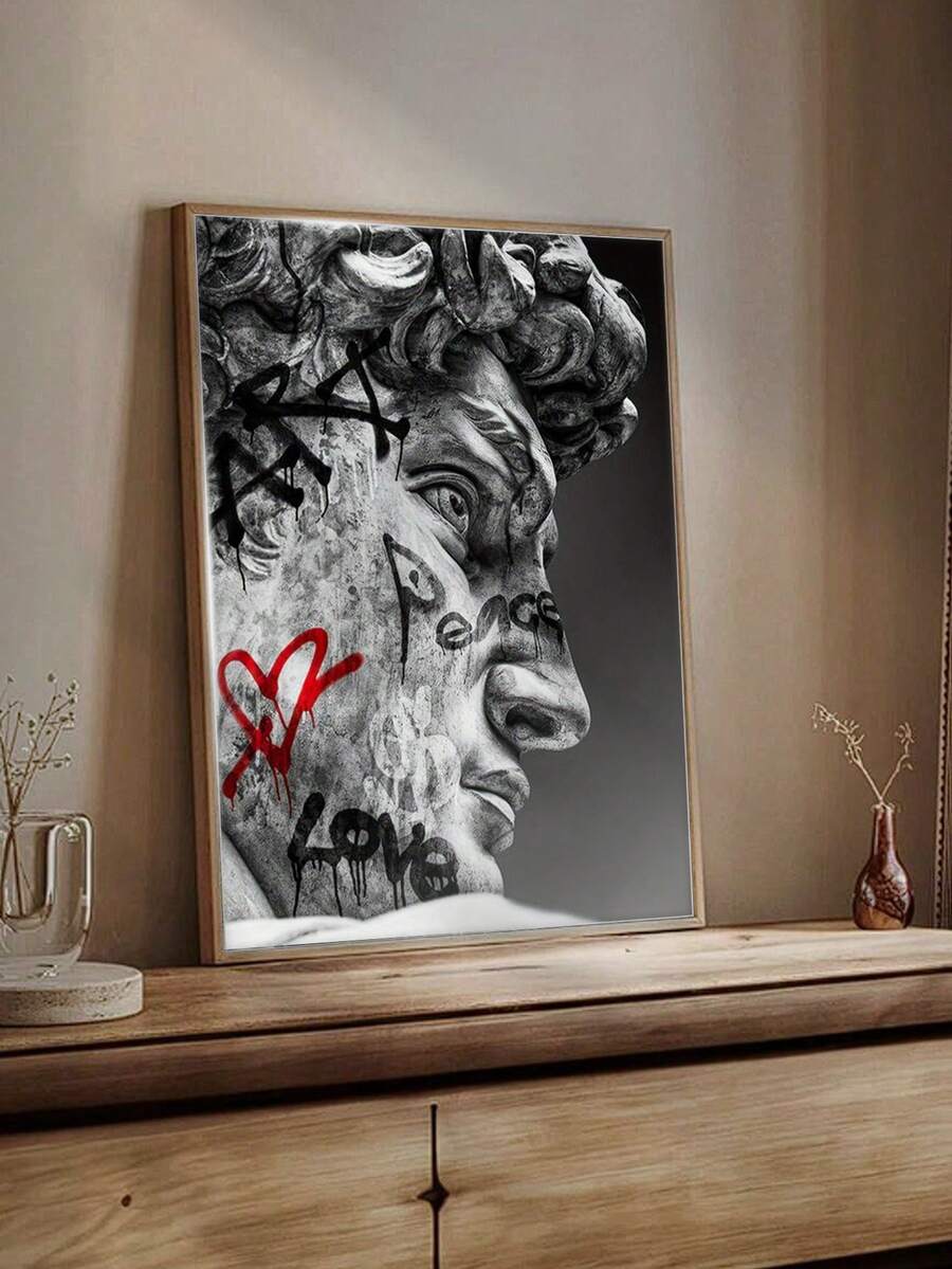 Impression sur canevas d'art inspirée du graffiti de David de Michel-Ange - Affiche moderne sans cadre dans un style art déco en orientation portrait pour la décoration intérieure - Œuvre d'art pour le salon, la chambre, le bureau à domicile - Décoration murale à l'encre