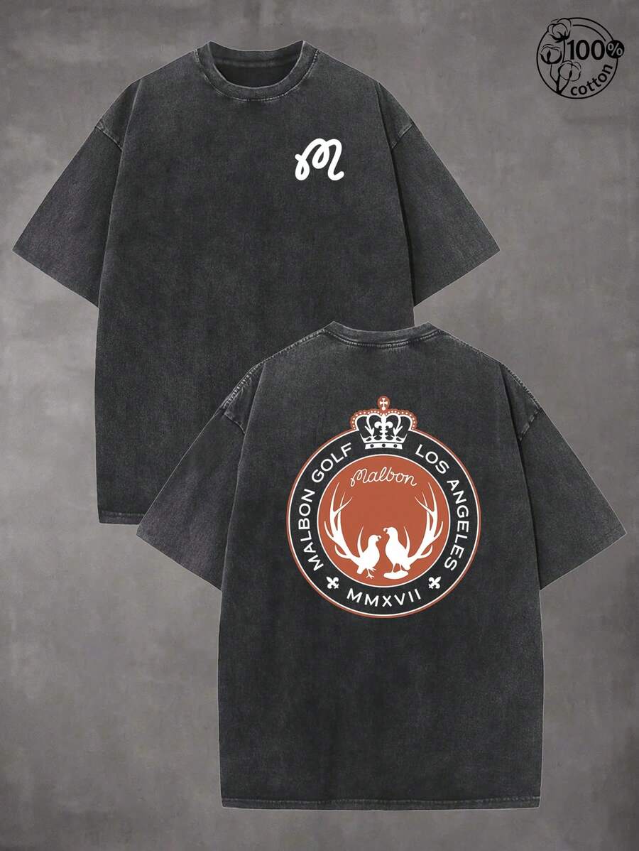 Two Little Birds On The Branch Pattern, LOS ANGELES, Golf T-Shirts,Interesting Cartoon Print Design;Graphic Tees Men, Men Clothes, Men And Women T-Shirts; Retro Washed T-Shirt Double Sided Printed (230 Pure Cotton T-Shirt) Suitable For Street Retro And Outdoor Sports And Leisure,  Streetwear,  Fashion And Handsome,Golf Lovers,Perfect Gift. - màu đen - Xem 1