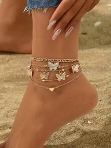 4pcs Set Elegant Butterfly, Heart, Minimalist Beaded Multilayer Anklet, Adorned With Shiny Faux Diamonds, Vintage Bohemian Style Foot Jewelry, Suitable For Summer Vacation, Beach Party, Sexy Bikini Wear - Gold - View 6