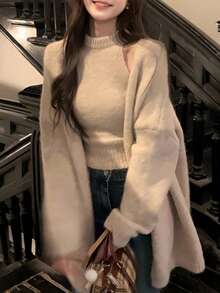 [New For Fall/Winter] Unique Design 2-Piece Top Set For Women, Khaki, One Size Fits All, Extremely Popular Model - 卡其色 - 查看 2