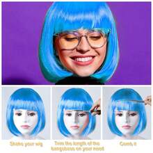 PLULON Sky Blue Bob Wig And Sunglass Set, Neon Short Bob Wig Sunglass Pack Costume Colorful Cosplay Wig Hairpieces For Bachelorette Neon Party Favors, Halloween Decorations - 彩色 - 查看 4