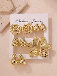 2-10 件/套时尚金花、泪珠、圆形、螺旋耳钉套装，适合女性度假、派对、日常佩戴 - 金色 - 查看 3