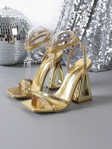 高跟闪亮水晶装饰不对称鞋跟时尚优雅女士凉鞋 - 金色 - 查看 10