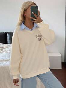 Livesso 女式字母印花落肩长袖休闲拼布羊毛卫衣，秋冬 - 杏色 - 查看 5