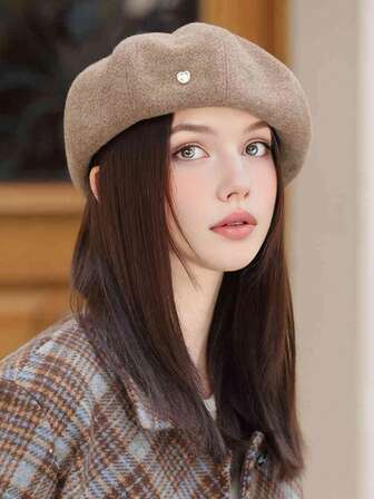 1 件女士纯色贝雷帽，休闲时尚，轻便舒适，画家帽，头围较大，适合秋季日常外出购物