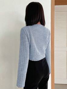 Chaqueta corta de cuello redondo a cuadros para mujer con botones de perlas en la parte delantera, casual y elegante, adecuada para primavera, otoño e invierno. - Azul - Ver 3