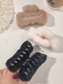 3 件套柔软毛绒方形发爪夹，百搭日常发型配饰，秋冬优雅发夹冬季发饰时尚发夹 - 彩色 - 查看 5