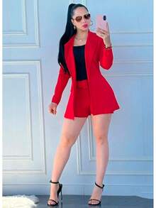 Blazer manga larga de corte regular con escote de solapa, Short a juego, Top negro sin mangas, Cinturón a Tono, ❤Conjunto de Cuatro piezas❤, estilo elegante, perfecto para el verano. - Rojo - Ver 1