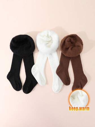 Set de 3 mallas de niña bebé de unicolor con rayas verticales, forradas térmicamente y gruesas, cálidas y versátiles para uso en interiores/exteriores, adecuadas para temperaturas por debajo de 5°C en otoño/invierno