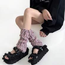 Fashionable And Versatile Sock Covers For Autumn And Winter, New Products With Folded Edges, Loose And Thick Threads, Warm Mid Leg Covers, Retro And Versatile - 黑色 - 查看 4