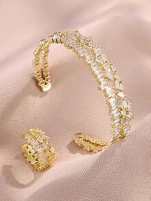rakol Set de 2 piezas de anillo y pulsera con decoración asimétrica de circonita cúbica de moda - Dorado - Ver 2