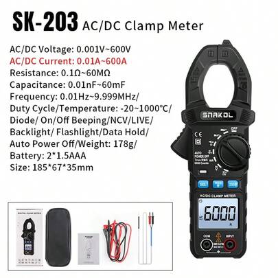 Cyfrowy multimetr 6000 zliczeń, tester napięcia i prądu stałego/przemiennego, amperomierz, woltomierz, NCV, rezystancja, narzędzie do pomiaru pojemności dla elektryków