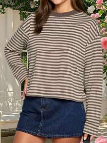 Women Striped Long Sleeve Baggy T Shirts Y2k Vintage Stripes Oversized Boxy Tees Cropped Tops Lionesss Stripped Sweatshirt Fall Preppy Teen Girl Clothes - 棕色 - 查看 4