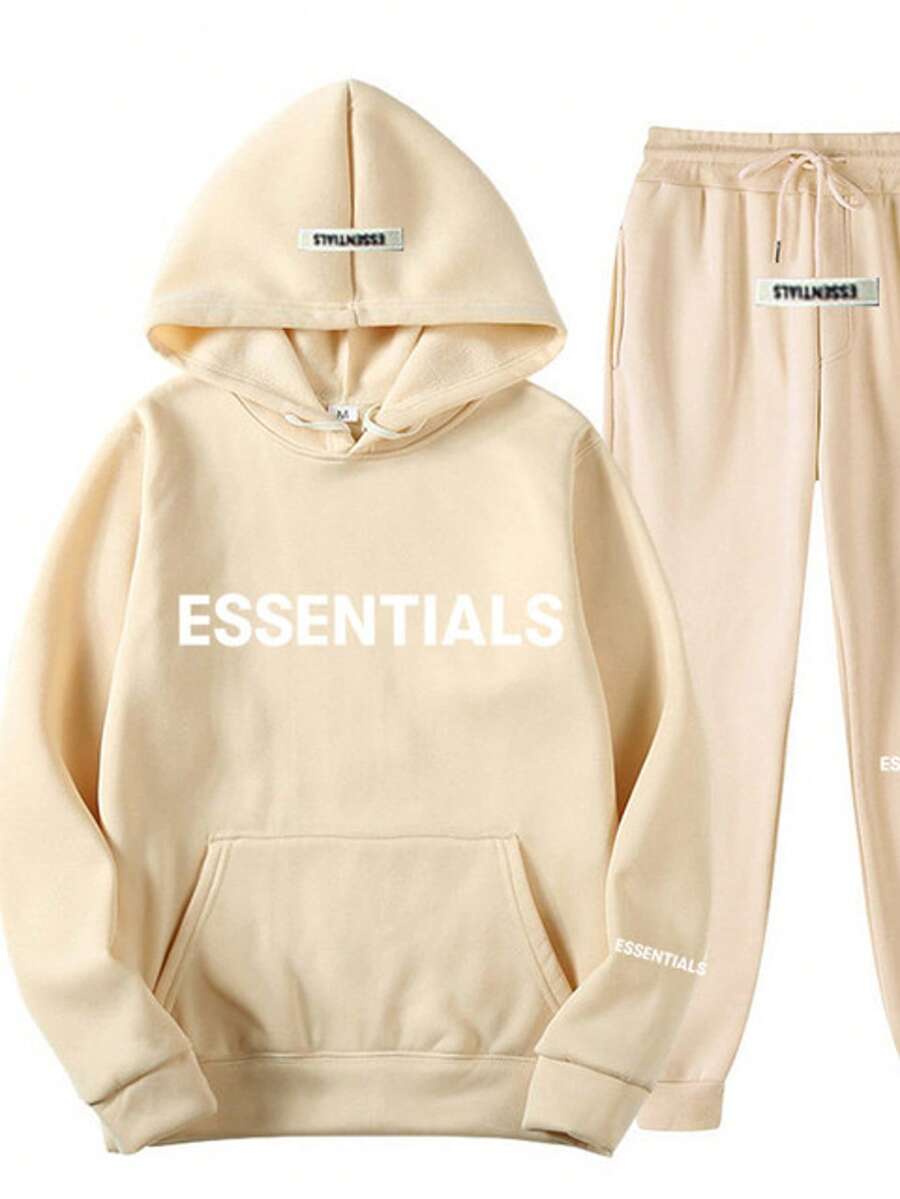 Essentials 2pcs Men's Casual Print Drawstring Hoodies And Pants Set, 2025 New Street Loose Sweatshirt Set For Women And Men, Hip-Hop Skateboard Casual Sportswear For Autumn And Winter - 12 - 查看 1
