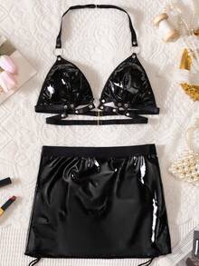 2 piezas Conjunto de lencería sexy para mujer, incluye sostén de escote profundo en V y minifalda con liguero, ideal para salir - Negro - Ver 10