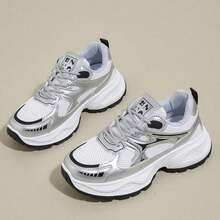 Women's Spring/Autumn New Sports Chunky Sneakers, Mesh Breathable Platform Low Vamp Wedge Heel Casual Shoes, Lightweight Versatile Fashion Casual Lace-Up White Gray Sneakers, White Blue - Silver - View 5